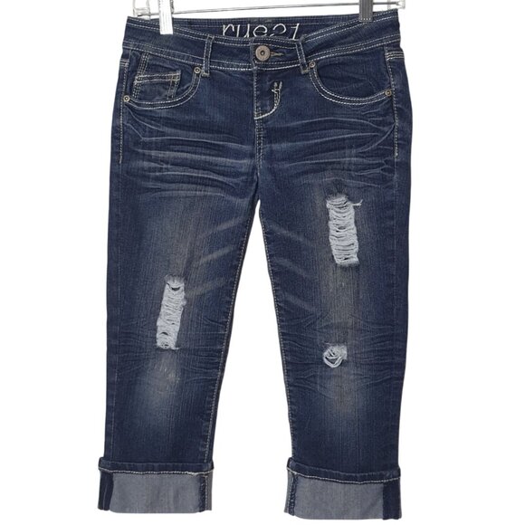 Rue21 Juniors Distressed Capri Jeans 1/2 Roll Cuff Thick Stitch Stretch Chic Y2K - Picture 1 of 4